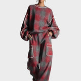 Natasa | Women's Red And Grey Plaid Brushed Distressed Street Style Trousers Set With Colourful Details