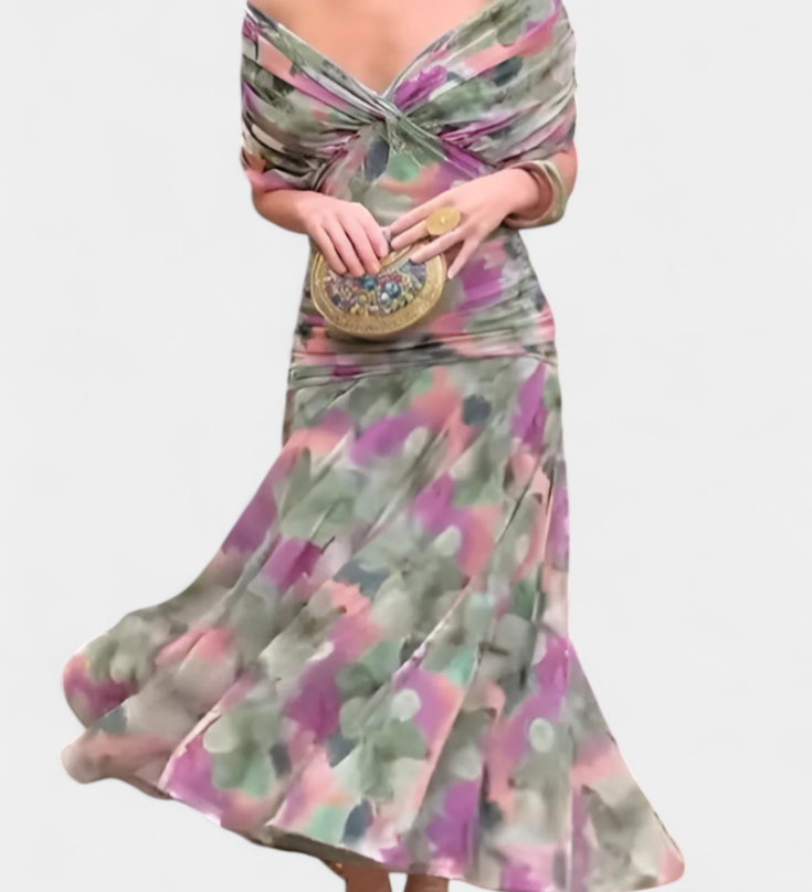 Alondra Long Dress with Floral Fancy Design and Neckline