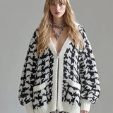 Ora | Casual Chic Cardigan with V-Neck, Single-Breasted, Oversized, Long Sleeve, Knitted, Houndstooth Pattern
