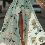 Leda | Light Green Floral One-Shoulder Satin Maxi Dress