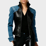 Eveline | Women's Black PU Crocodile Embossed Faux Leather Jacket with Patchwork and Long Sleeves with Zipper