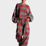 Natasa | Women's Red And Grey Plaid Brushed Distressed Street Style Trousers Set With Colourful Details