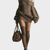 Sally | Women's Brown Knitted Off-shoulder Mini Dress