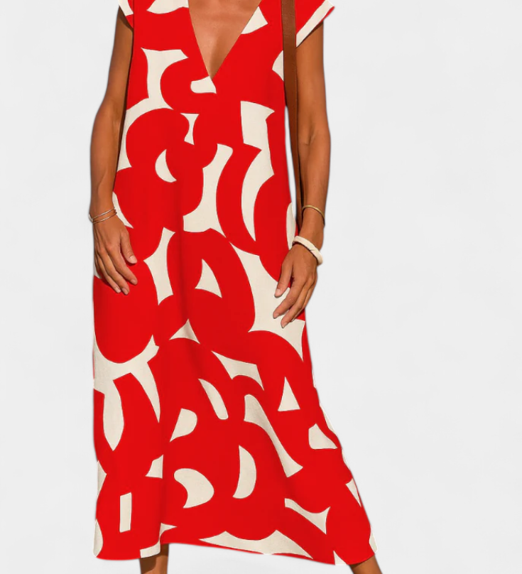 Asela Casual V-Neck Dress with Mixi Pattern