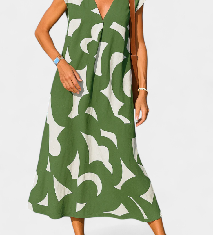 Asela Casual V-Neck Dress with Mixi Pattern
