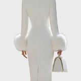 Dorthea | Luxurious Feather Trimmed Embellished Midi Dress