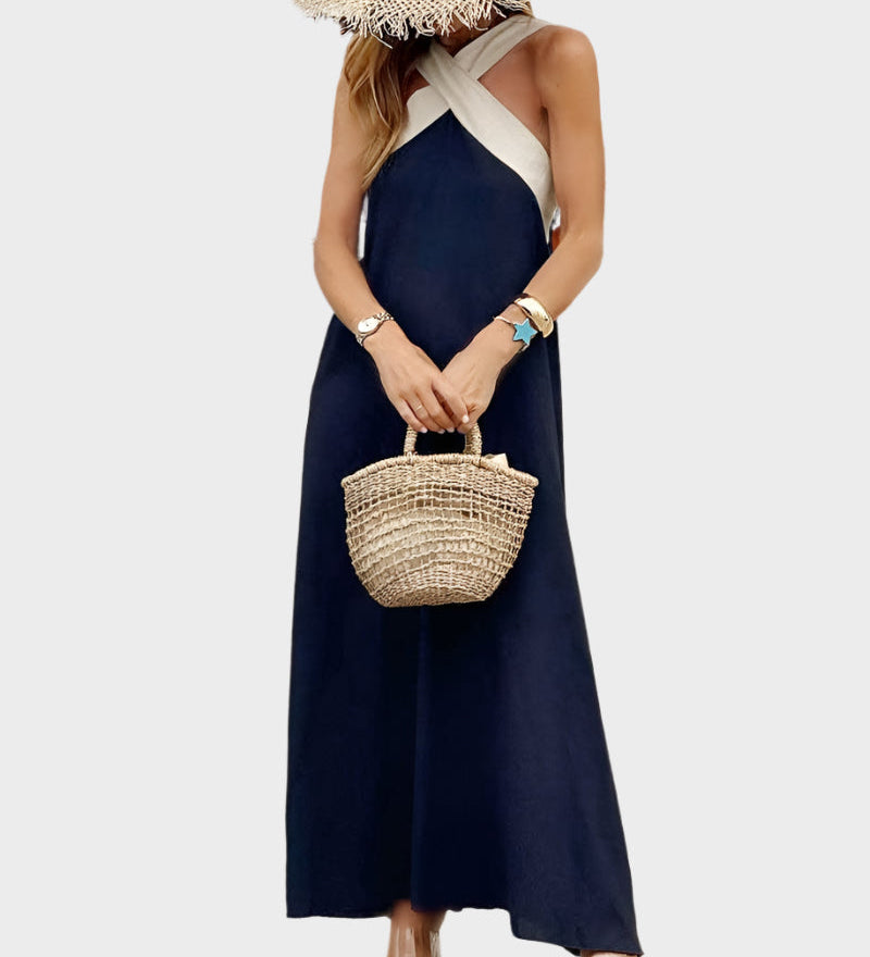 Elegant Dress with Open Back and Modern Crossover Neckline