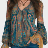 Alina | Bohemian Chiffon Blouse with Paisley Pattern in Teal and Amber with Ruffles on the Cuffs