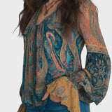 Alina | Bohemian Chiffon Blouse with Paisley Pattern in Teal and Amber with Ruffles on the Cuffs