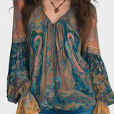 Alina | Bohemian Chiffon Blouse with Paisley Pattern in Teal and Amber with Ruffles on the Cuffs