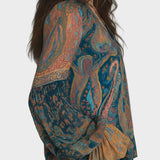 Alina | Bohemian Chiffon Blouse with Paisley Pattern in Teal and Amber with Ruffles on the Cuffs