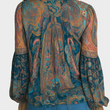 Alina | Bohemian Chiffon Blouse with Paisley Pattern in Teal and Amber with Ruffles on the Cuffs
