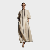 Peyton | Women's Modern Maxi Dress in Linen Blend in Beige with Stand Collar and Half Sleeve, With Contrast and Pockets MDA2924L4AU