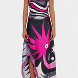 Ciana Satin Two-Piece Set with Abstract Skirt and Halter Top