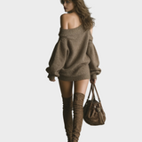 Sally | Women's Brown Knitted Off-shoulder Mini Dress