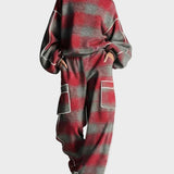 Natasa | Women's Red And Grey Plaid Brushed Distressed Street Style Trousers Set With Colourful Details