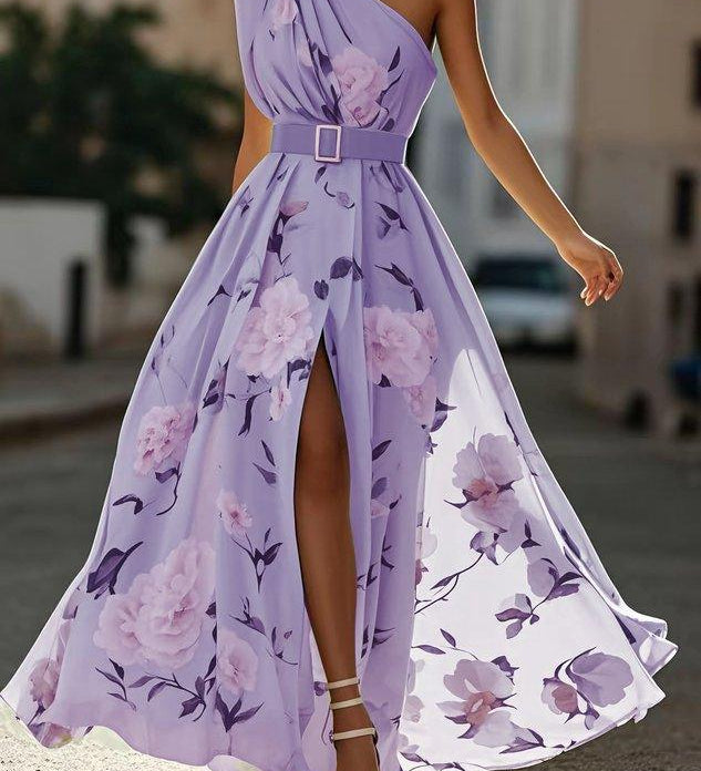 Leda | Light Green Floral One-Shoulder Satin Maxi Dress