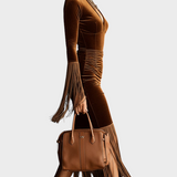 Ramona | Mocha Velvet Maxi Dress with Buttons and Tassels