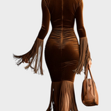 Ramona | Mocha Velvet Maxi Dress with Buttons and Tassels