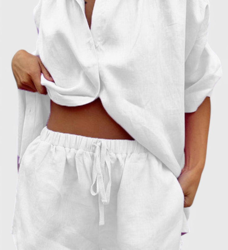 Anika Two-Piece Set with Button-Up Shirt and Drawstring Shorts