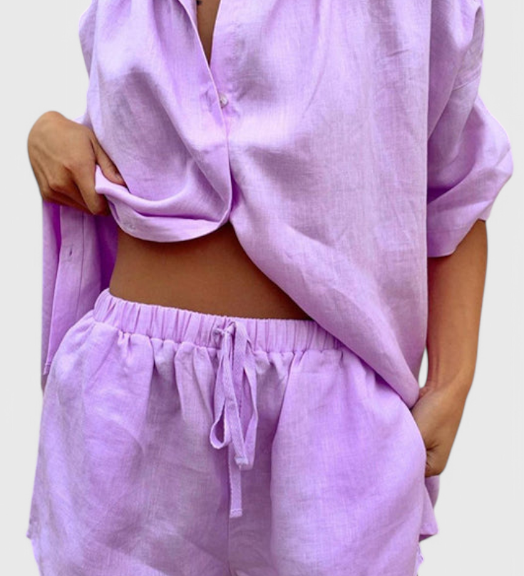 Anika Two-Piece Set with Button-Up Shirt and Drawstring Shorts
