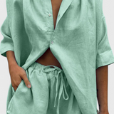 Anika Two-Piece Set with Button-Up Shirt and Drawstring Shorts
