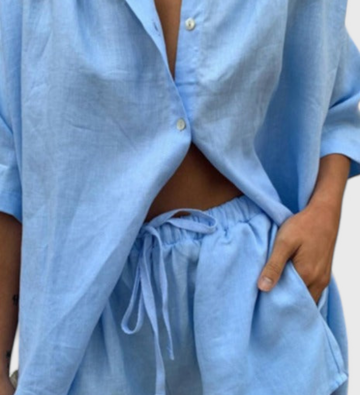 Anika Two-Piece Set with Button-Up Shirt and Drawstring Shorts
