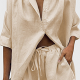 Anika Two-Piece Set with Button-Up Shirt and Drawstring Shorts