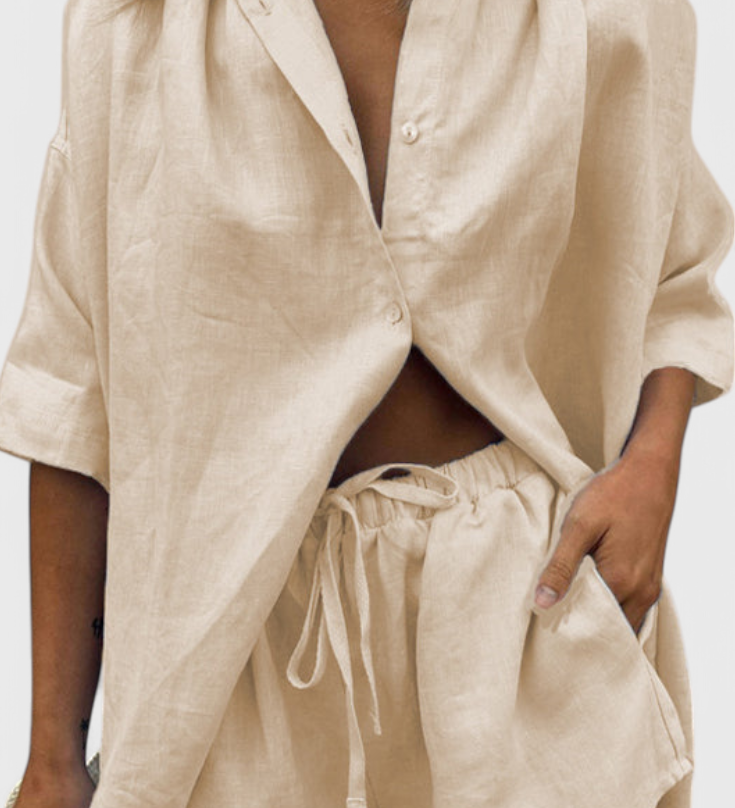 Anika Two-Piece Set with Button-Up Shirt and Drawstring Shorts