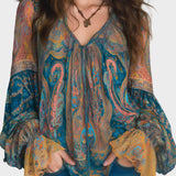 Alina | Bohemian Chiffon Blouse with Paisley Pattern in Teal and Amber with Ruffles on the Cuffs