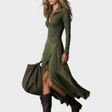 Tricia | Vestido Midi Bohemian em Algodão Lavado com Meio Zíper e Fenda na Bainha