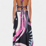 Ciana Satin Two-Piece Set with Abstract Skirt and Halter Top