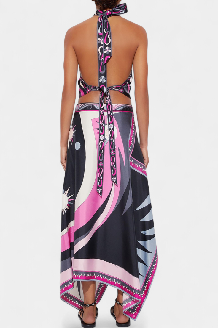 Ciana Satin Two-Piece Set with Abstract Skirt and Halter Top