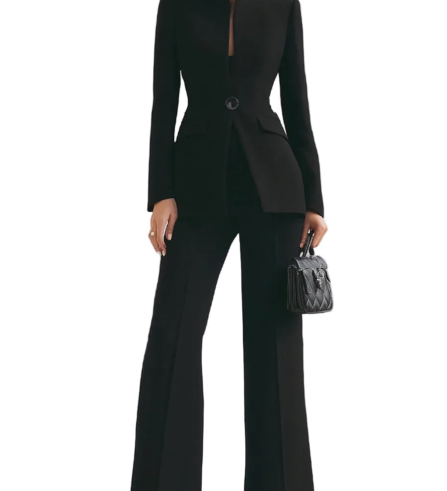 Claudia - Conjunto sofisticado de blazer com gola alta e calças de perna larga
