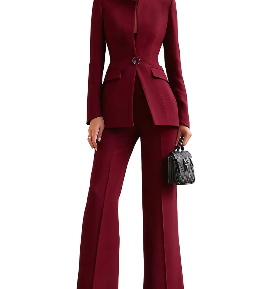 Claudia - Conjunto sofisticado de blazer com gola alta e calças de perna larga