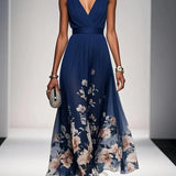 Thalia | Light Blue Floral Satin V-Neck Maxi Dress