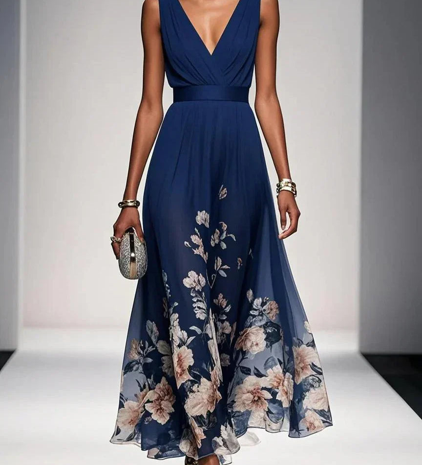 Thalia | Light Blue Floral Satin V-Neck Maxi Dress