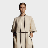 Peyton | Women's Modern Maxi Dress in Linen Blend in Beige with Stand Collar and Half Sleeve, With Contrast and Pockets MDA2924L4AU