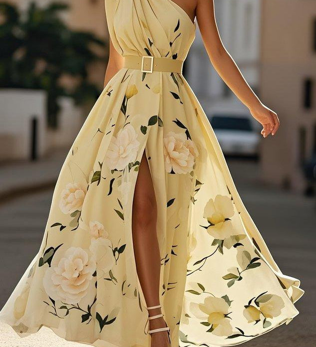 Leda | Light Green Floral One-Shoulder Satin Maxi Dress