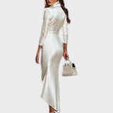 Blanca | Vestido de Cetim Branco Feminino Cruzado Decote em V Manga 3/4 Jaqueta Bodycon Maxi de Saia Alta Baixa