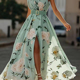 Leda | Light Green Floral One-Shoulder Satin Maxi Dress