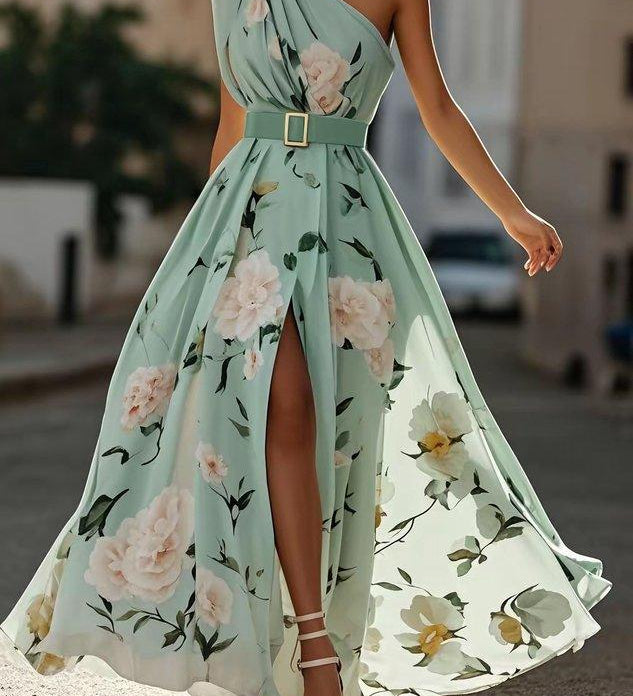 Leda | Light Green Floral One-Shoulder Satin Maxi Dress