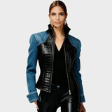 Eveline | Women's Black PU Crocodile Embossed Faux Leather Jacket with Patchwork and Long Sleeves with Zipper