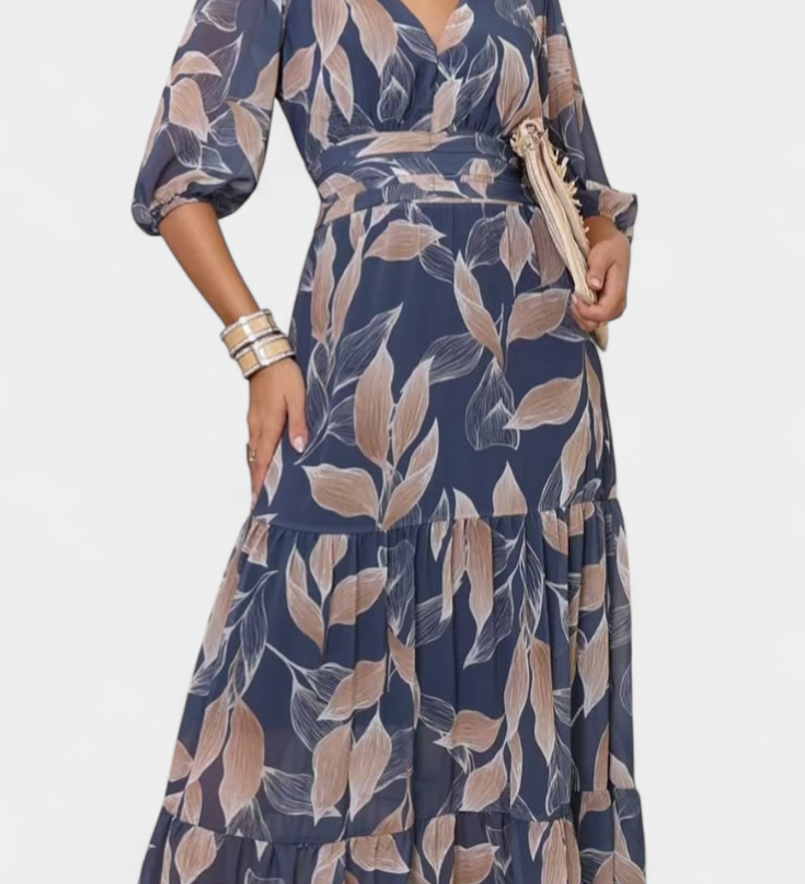 Aisha Maxi Floral Dress with Flowy Silhouette and Leaf Pattern