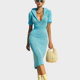 Layla | Elegant Casual Blue Ribbed Knitted Bodycon Midi Dress with Hood, U-Neck, Short Sleeve and Slim Fit