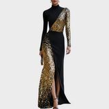 Jemaica | Elegant Black And Gold Rhinestone High Neck Maxi Dress
