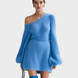 Lucy | ElevenOra Chic Elegant Μπλε Μίνι Φόρεμα Με Έναν Ώμο Μακρύ Φουσκωτό Μανίκι A-Line