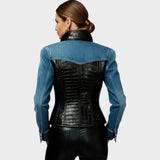 Eveline | Women's Black PU Crocodile Embossed Faux Leather Jacket with Patchwork and Long Sleeves with Zipper