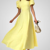 Elegant High Neck Midi Dress with Puff Sleeves