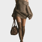 Sally | Women's Brown Knitted Off-shoulder Mini Dress